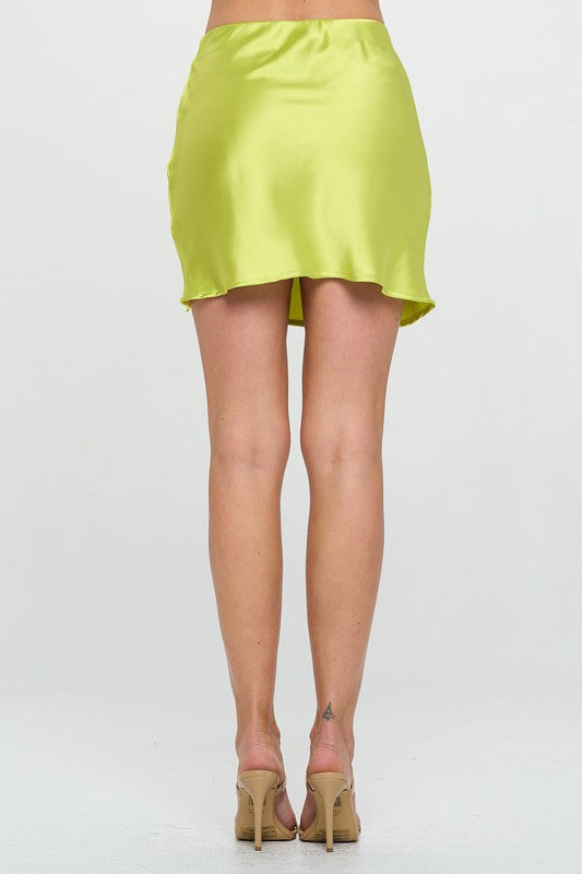 Solid Satin Mini Skirt with Slit - Citron