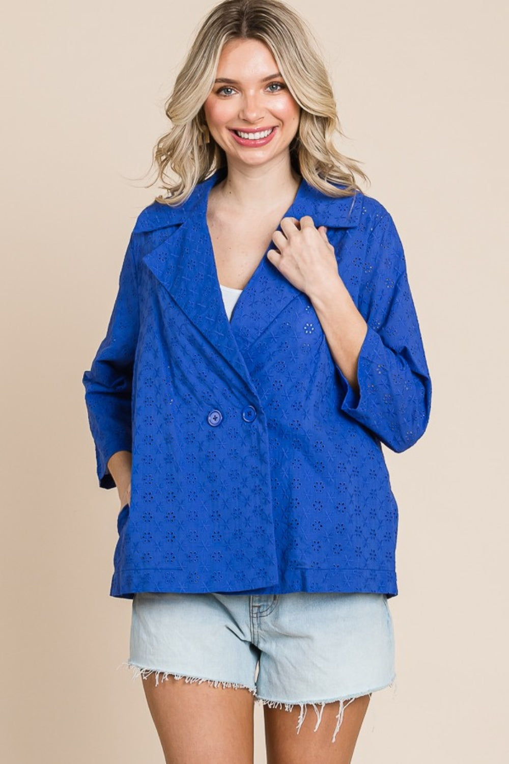Double Breasted Eyelet Jacket with Pockets - Royal Blue