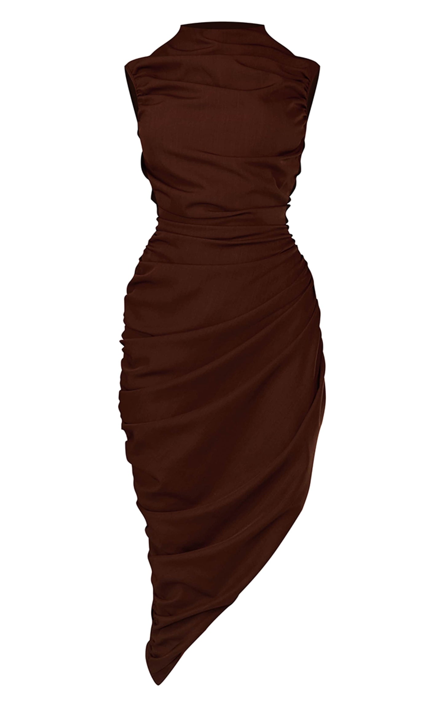 Chocolate Brown Ruched Asymmetric Midaxi Dress