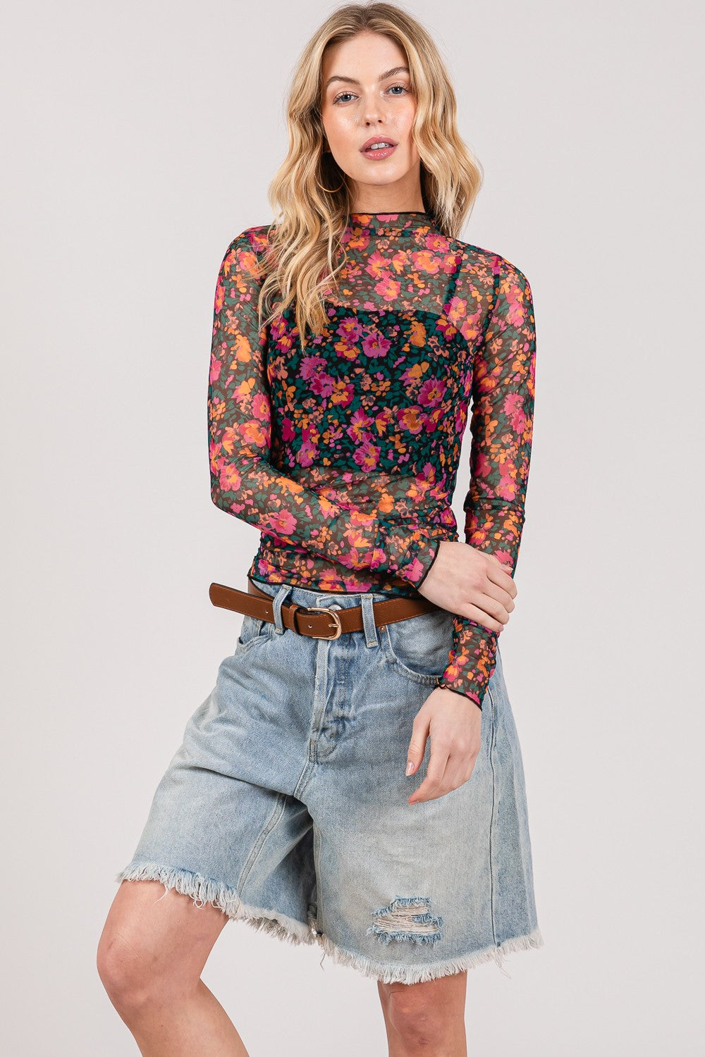Rich Floral Mesh Long Sleeve Top