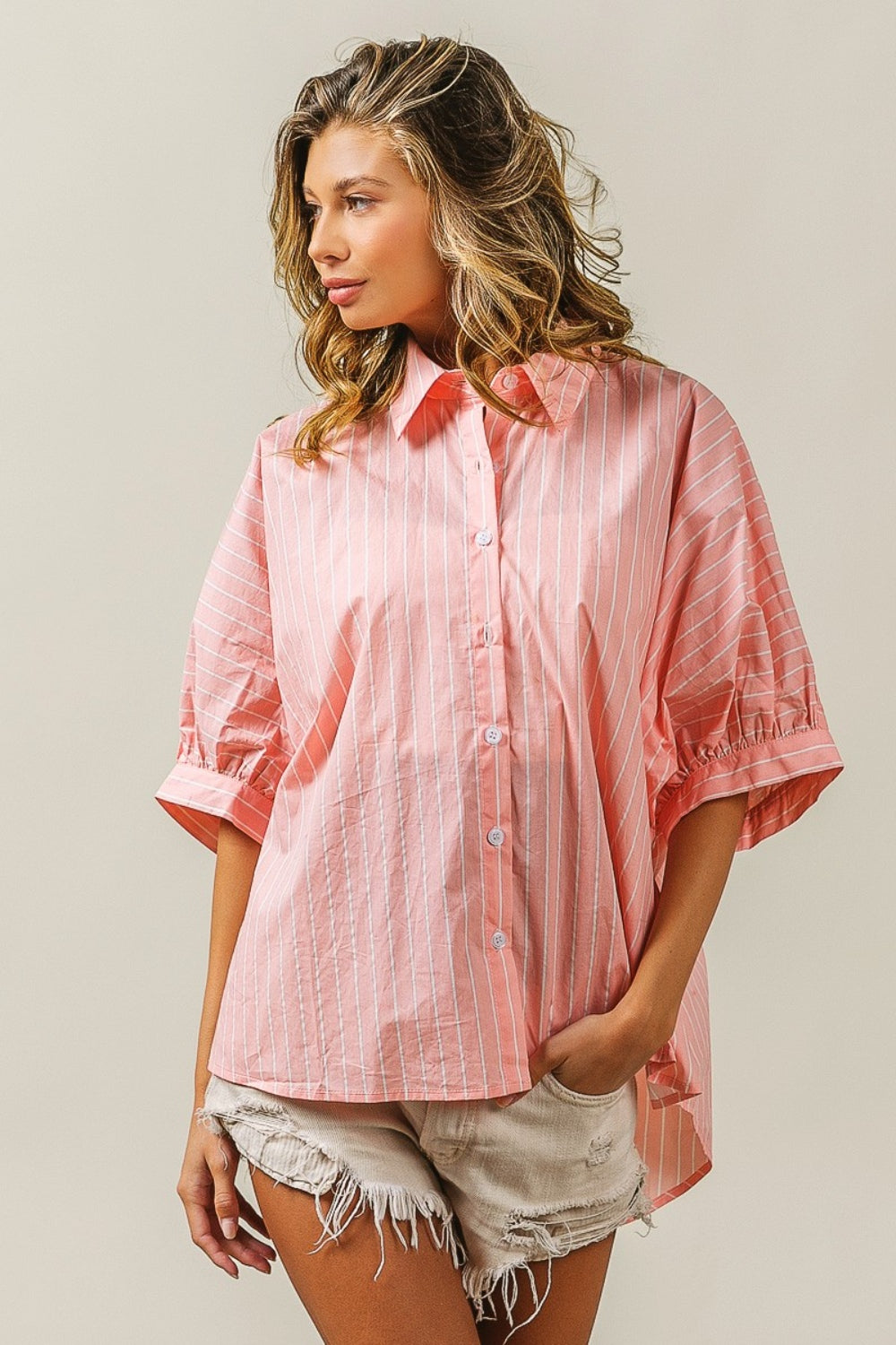 Sweetheart Button Up Striped Dolman Sleeve Shirt
