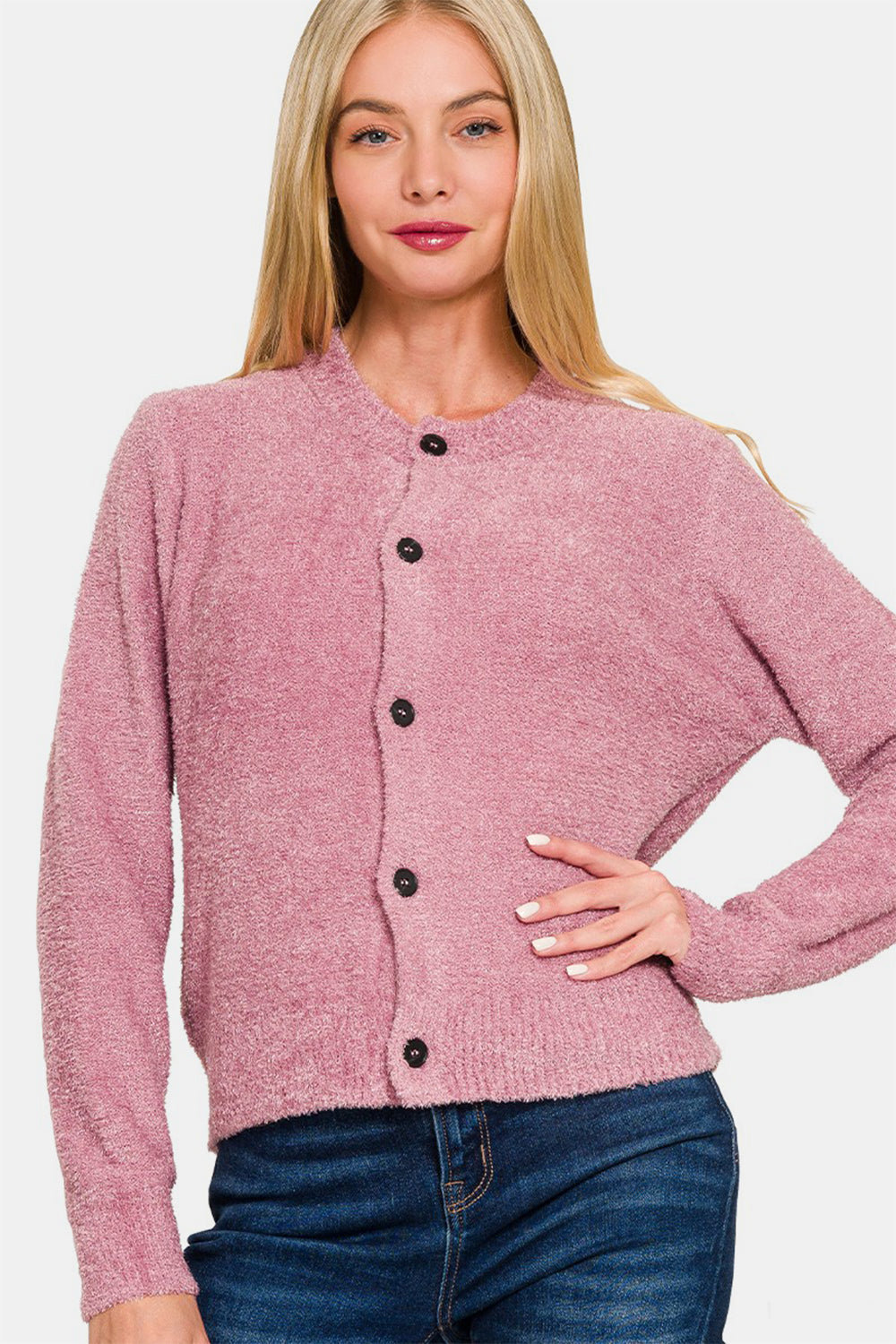 Button Down Long Sleeve Sweater Cardigan in Light Rose