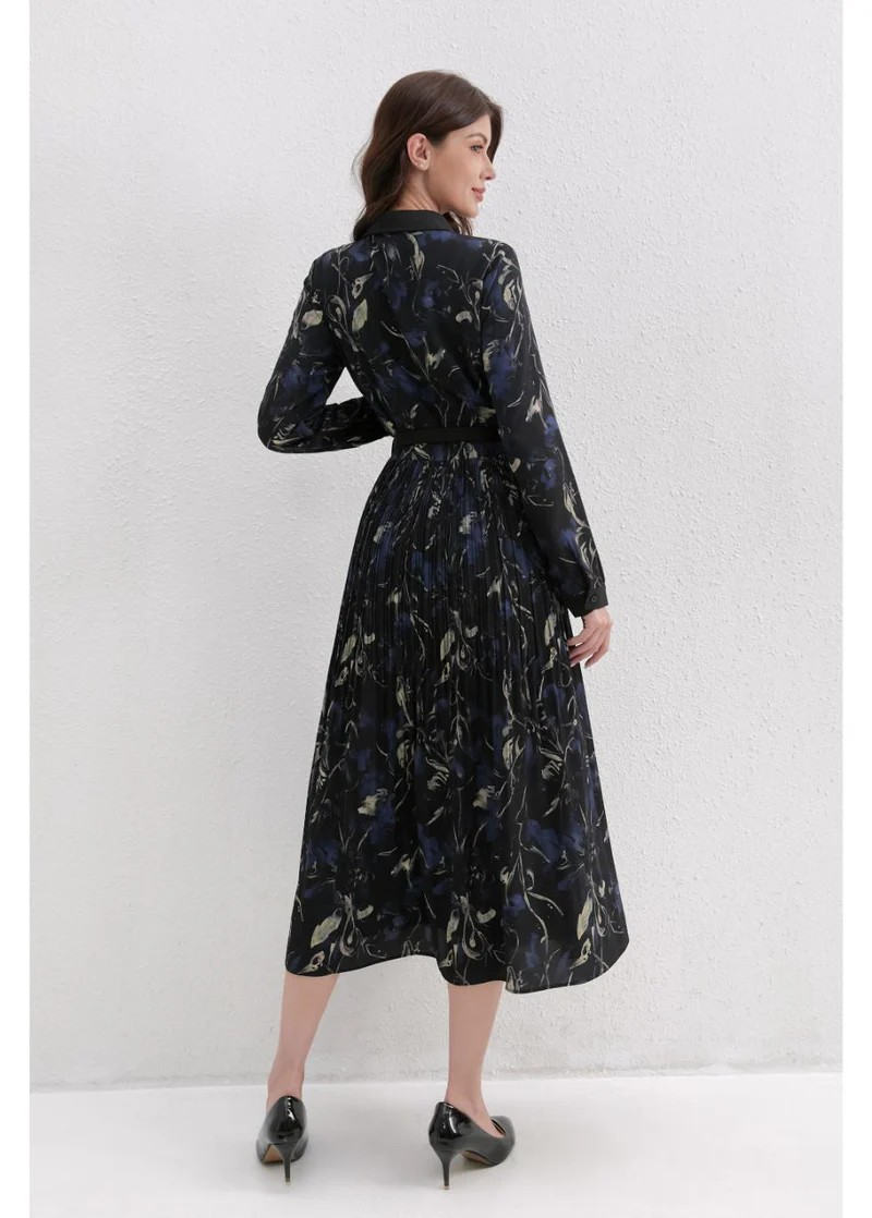Midnight Petal Pleated Midi Dress