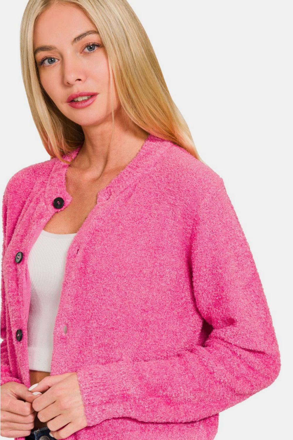 Button Down Long Sleeve Sweater Cardigan in Fuschia