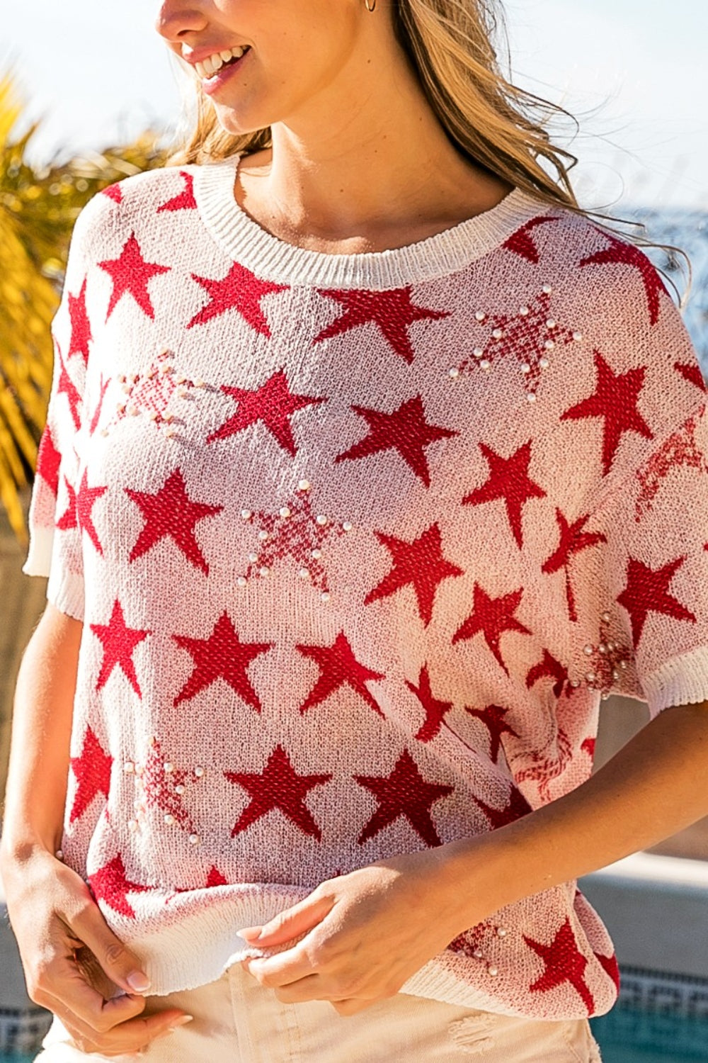 Home of the Brave Star Round Neck Short Sleeve Knit Top