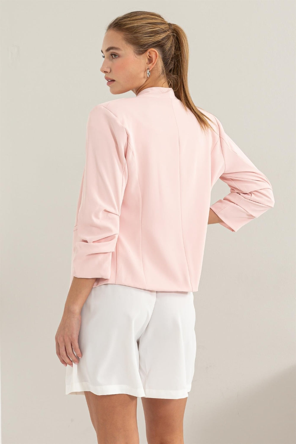 Pastel Open Front Ruched Sleeve Blazer