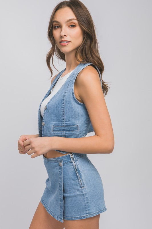 Kelly Denim Buttoned Vest Top - Black