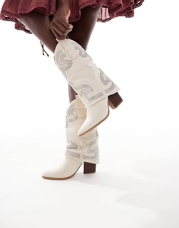 SEQWL RANCH ruched detail western boots in beige suedette