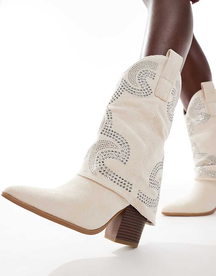 SEQWL RANCH ruched detail western boots in beige suedette