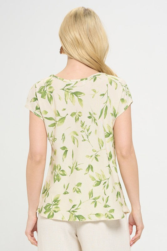 Made in USA Print Linen Top with Cowl Neck