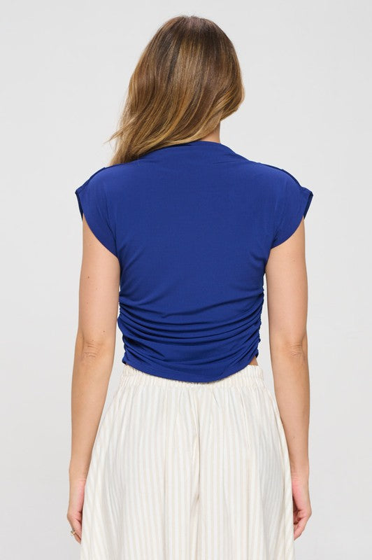 Marissa Mock neck Short Sleeve Ruched Crop Top - Cobalt