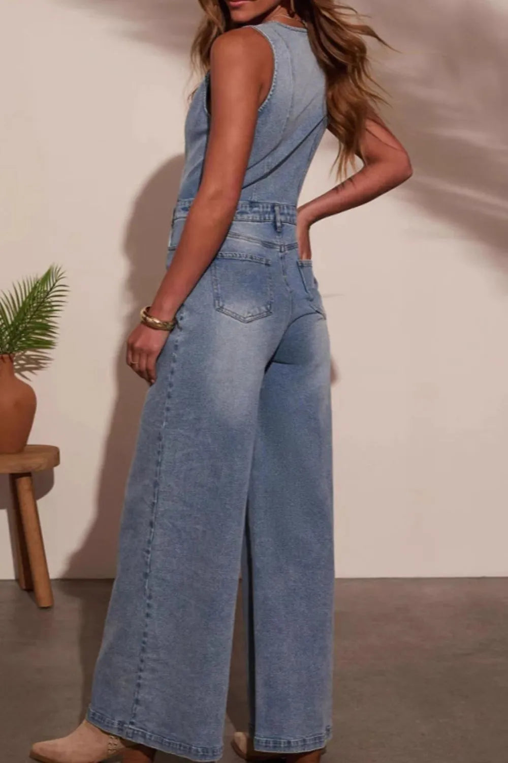 V-neck Wide Leg Denim Jumpsuit – 1ELVN Boutique