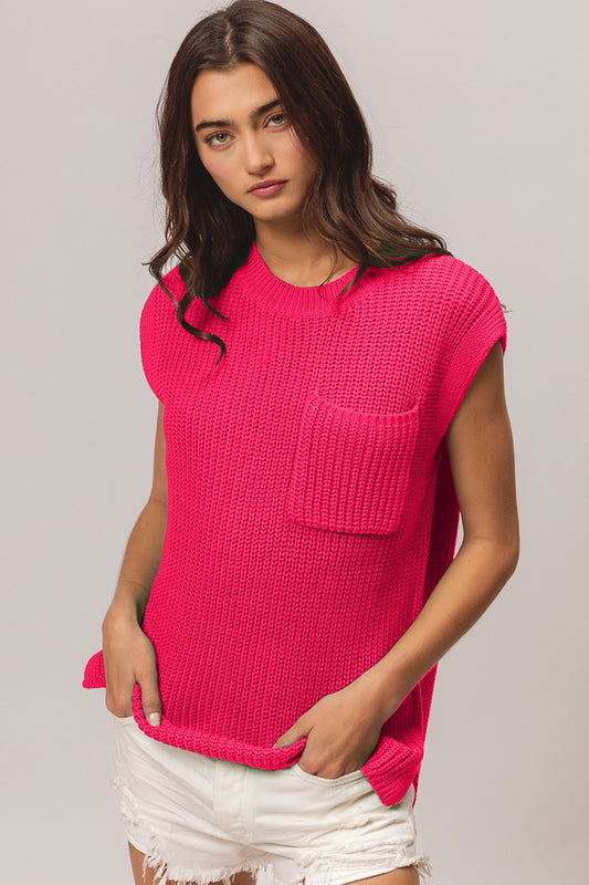 Meredith Patch Pocket Sweater Top - Fuschia