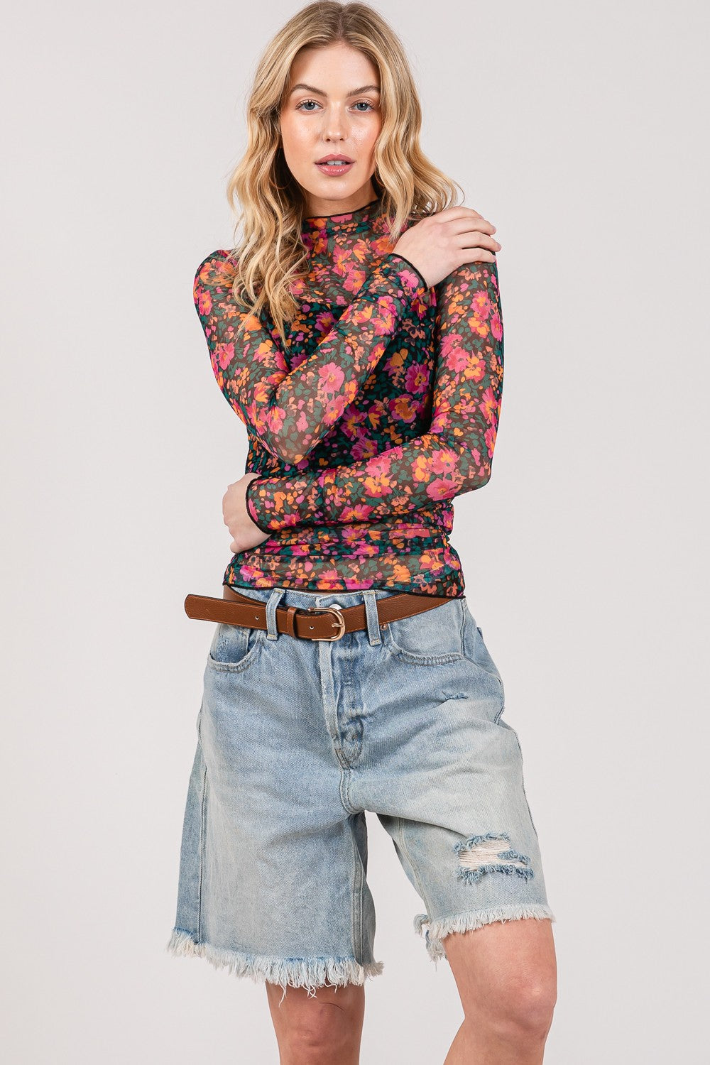 Rich Floral Mesh Long Sleeve Top