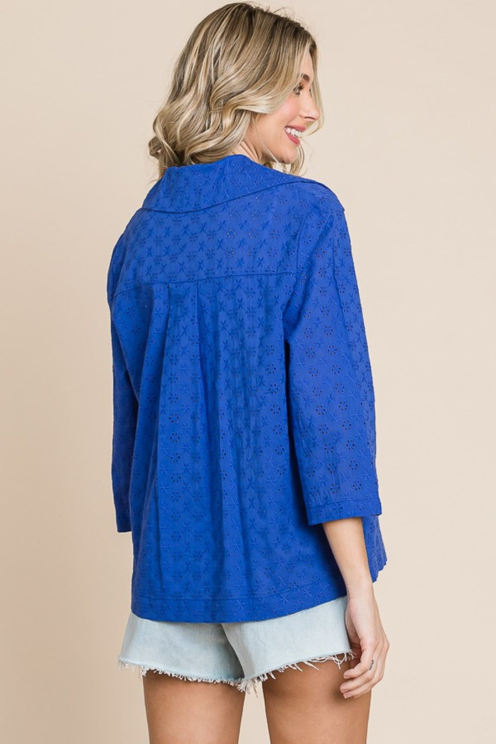 Double Breasted Eyelet Jacket with Pockets - Royal Blue