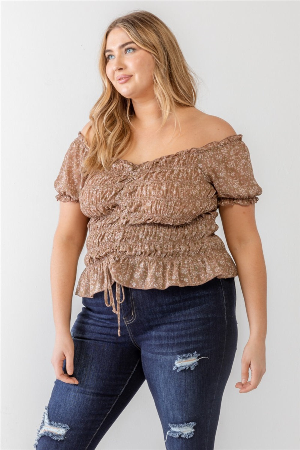 Zara Plus Size Frill Ruched Off-Shoulder Short Sleeve Blouse
