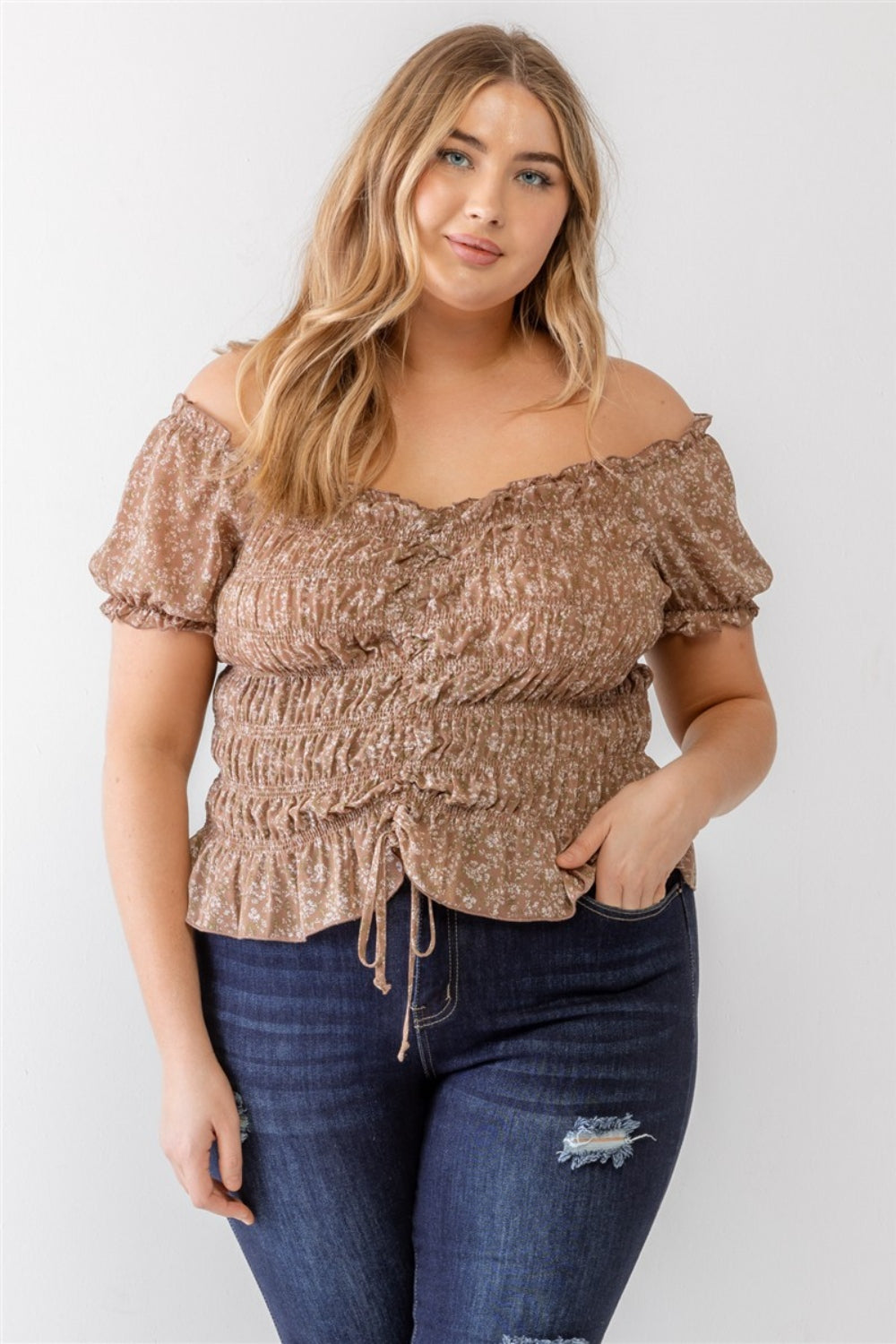 Zara Plus Size Frill Ruched Off-Shoulder Short Sleeve Blouse