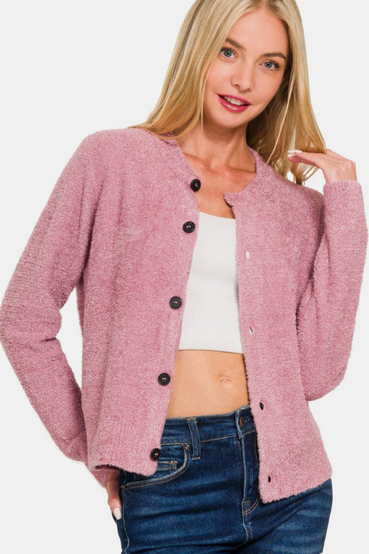 Button Down Long Sleeve Sweater Cardigan in Light Rose