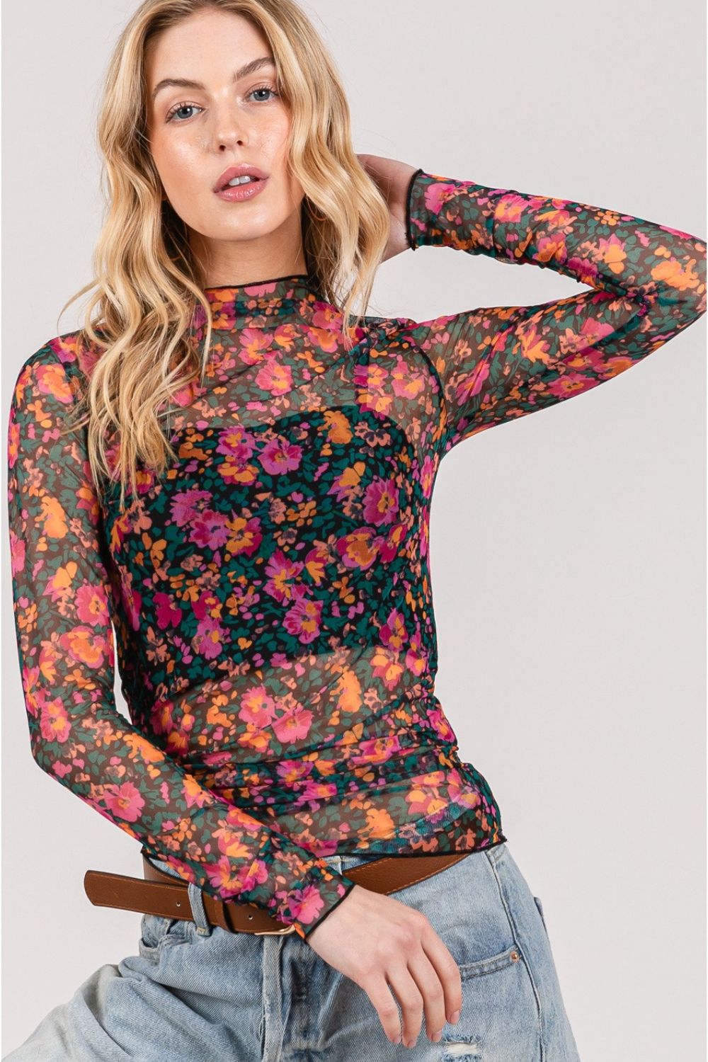 Rich Floral Mesh Long Sleeve Top