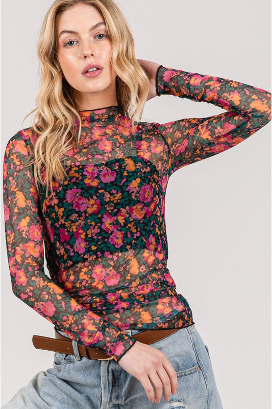 Rich Floral Mesh Long Sleeve Top