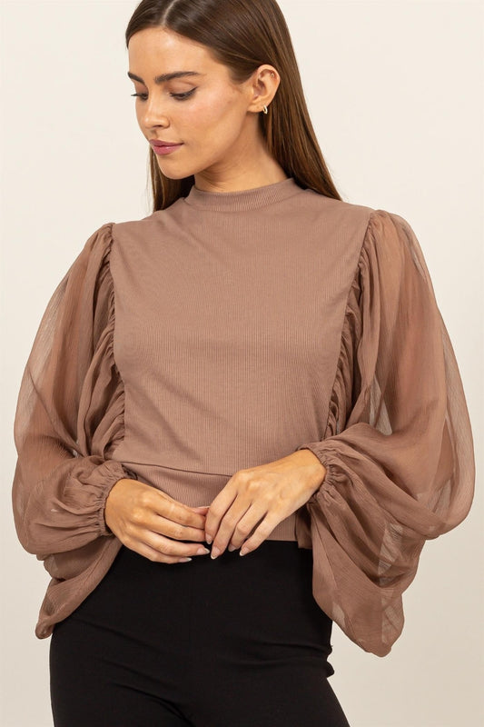 Mocha Ruched Sheer Long Sleeve Mock Neck Blouse