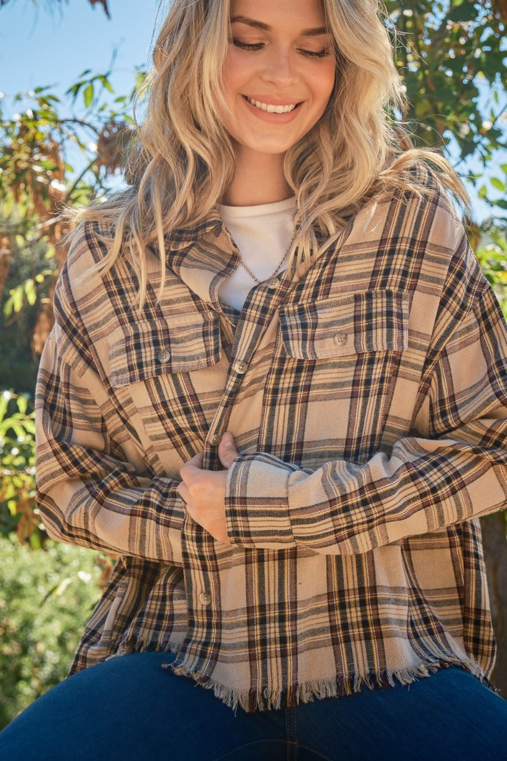 Yosemite Button Up Raw Hem Plaid Shirt - Full Size