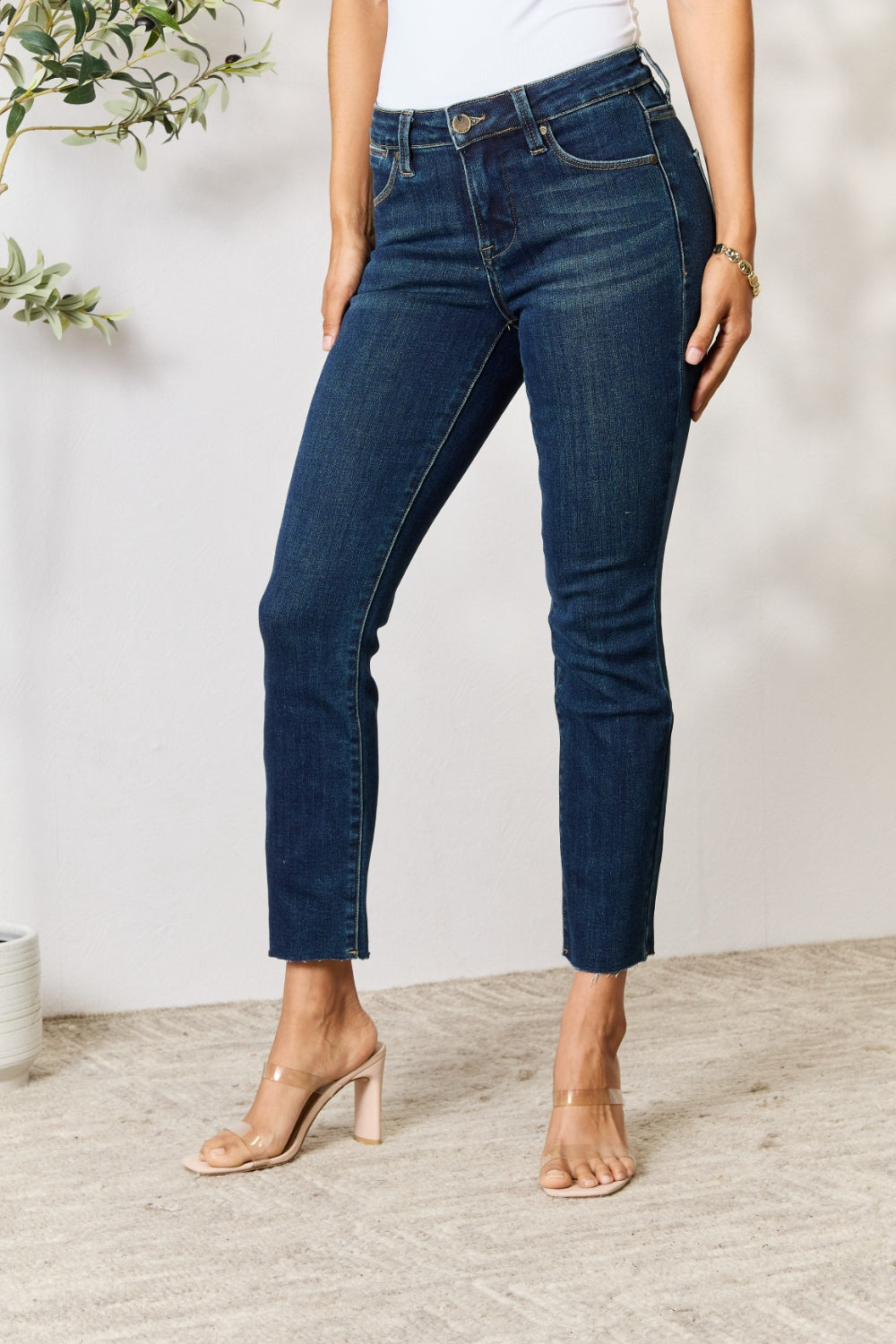 Full Size Raw Hem Straight Jeans - Dark Blue