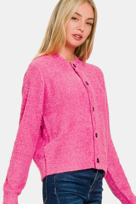 Button Down Long Sleeve Sweater Cardigan in Fuschia