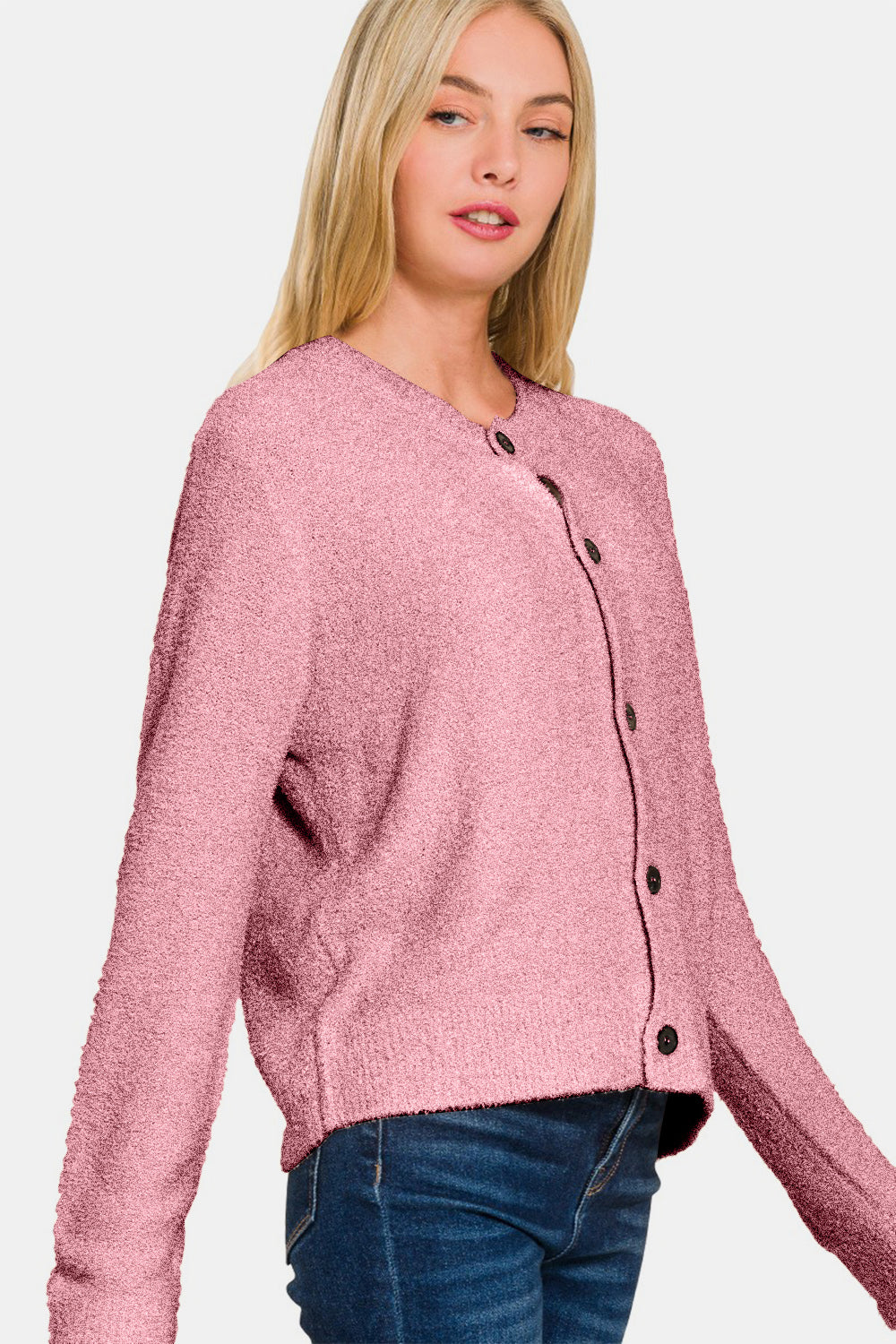 Button Down Long Sleeve Sweater Cardigan in Light Rose
