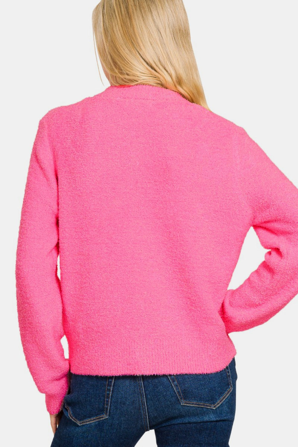 Button Down Long Sleeve Sweater Cardigan in Fuschia