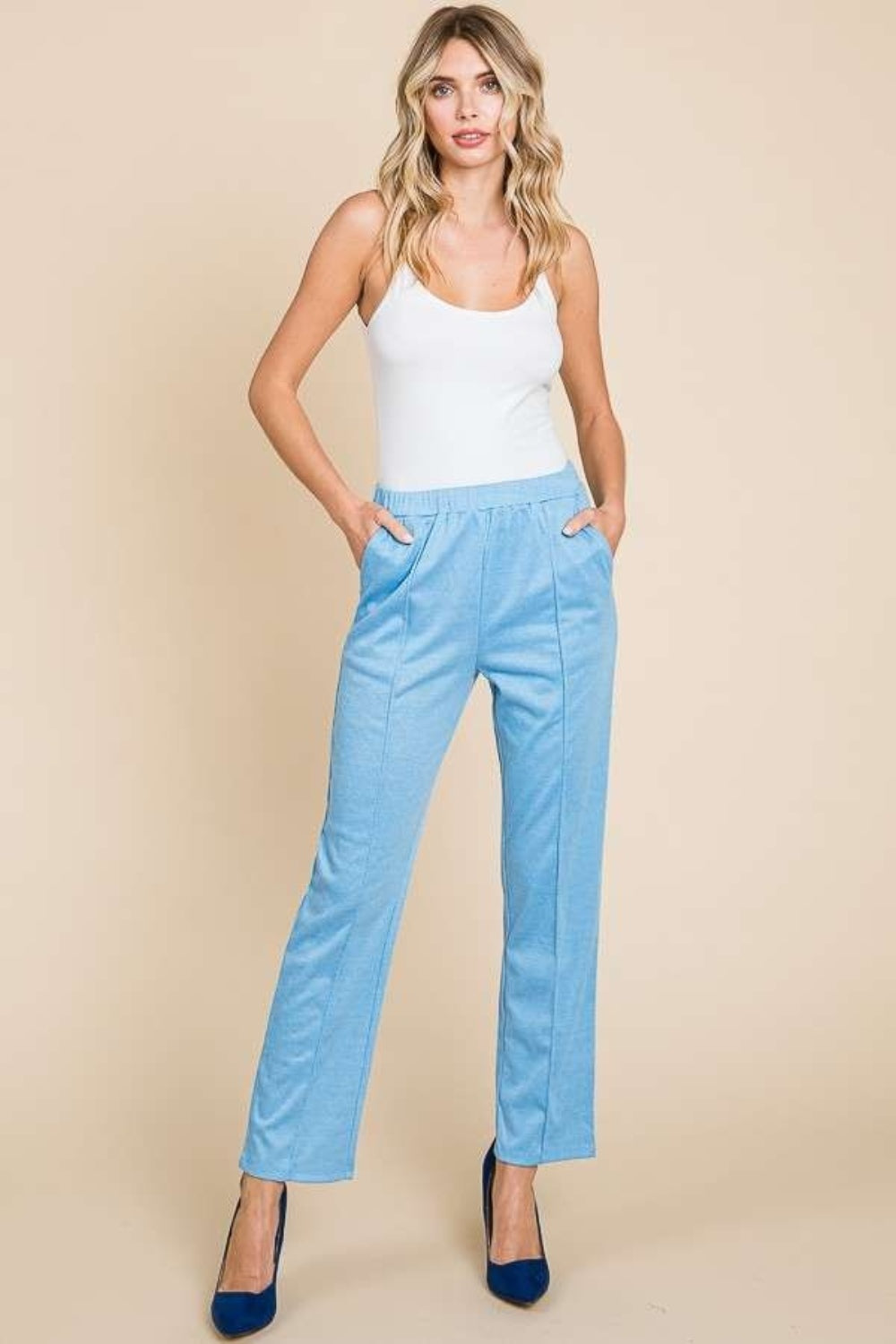 Pin Tuck Detail Slim Pants - Blue