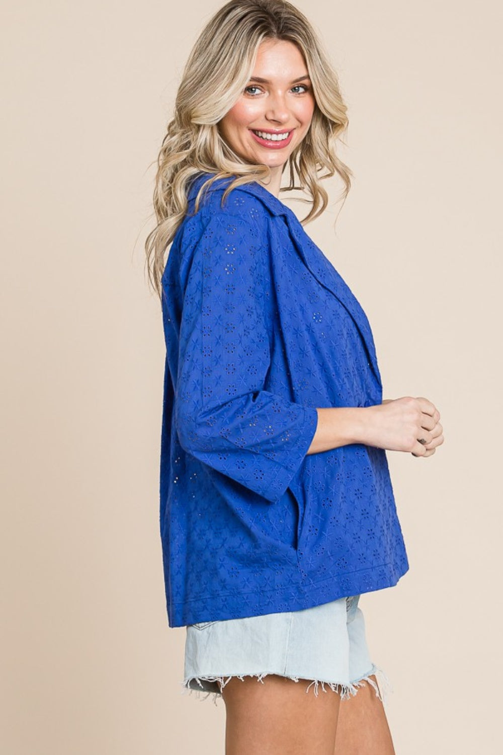 Double Breasted Eyelet Jacket with Pockets - Royal Blue