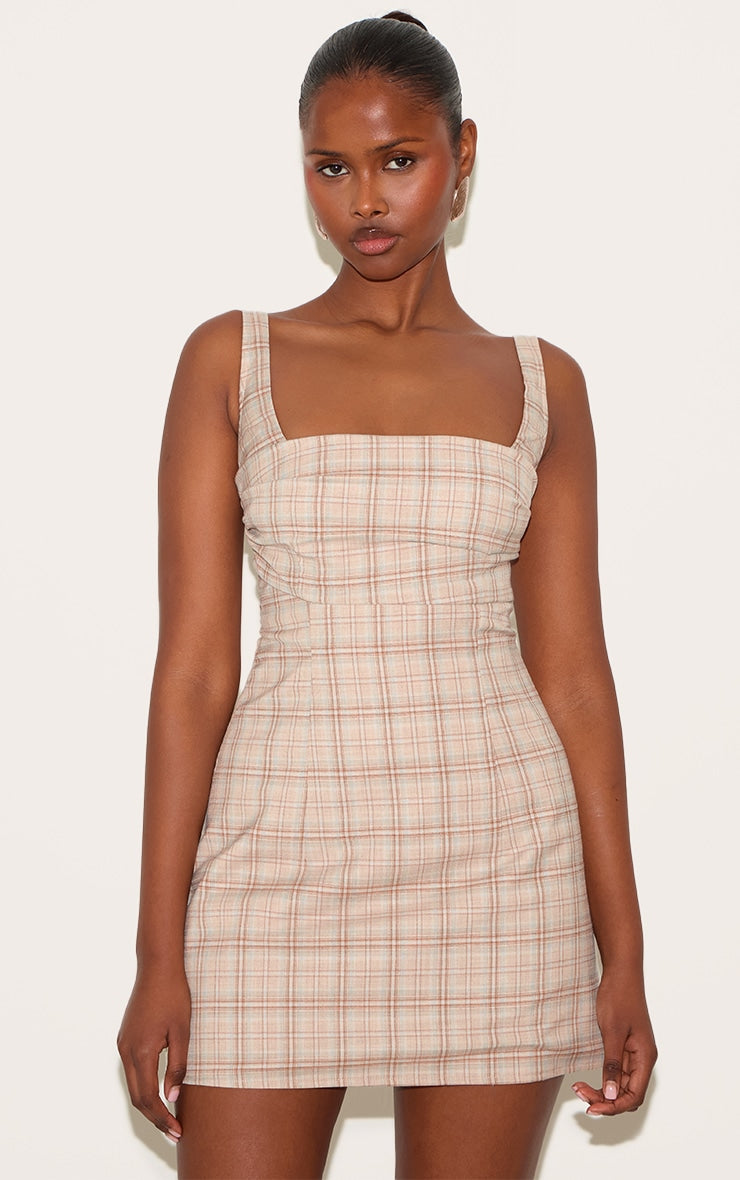 Tatum Beige Multi Checked Bodice A-line Dress