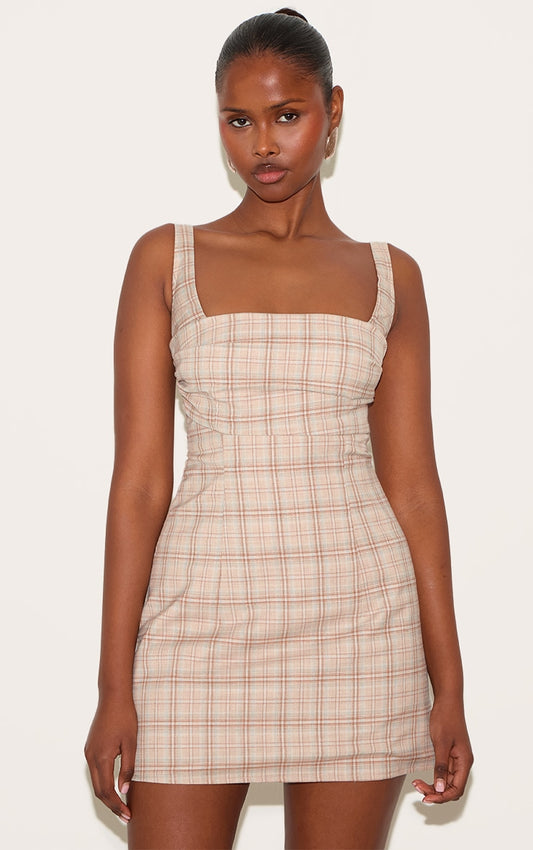 Tatum Beige Multi Checked Bodice A-line Dress